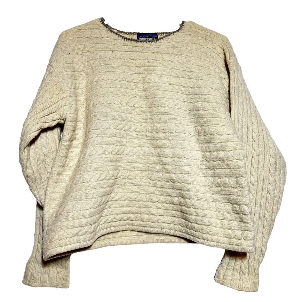 Vintage Patagonia 100% Wool Cable Knit Sweater 80s Pullover Crew Neck Cream L